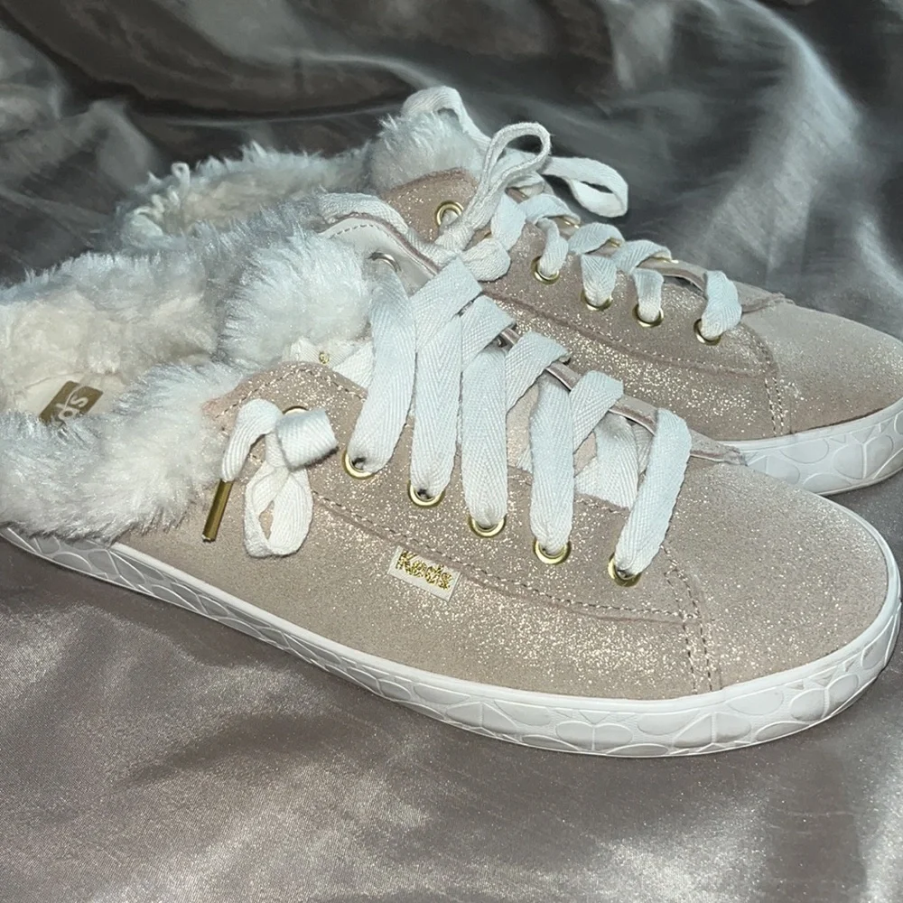 Kate Spade Keds Tan Sparkle Fur Trim Slip On Tennis Shoes size 7 - Picture 6 of 9